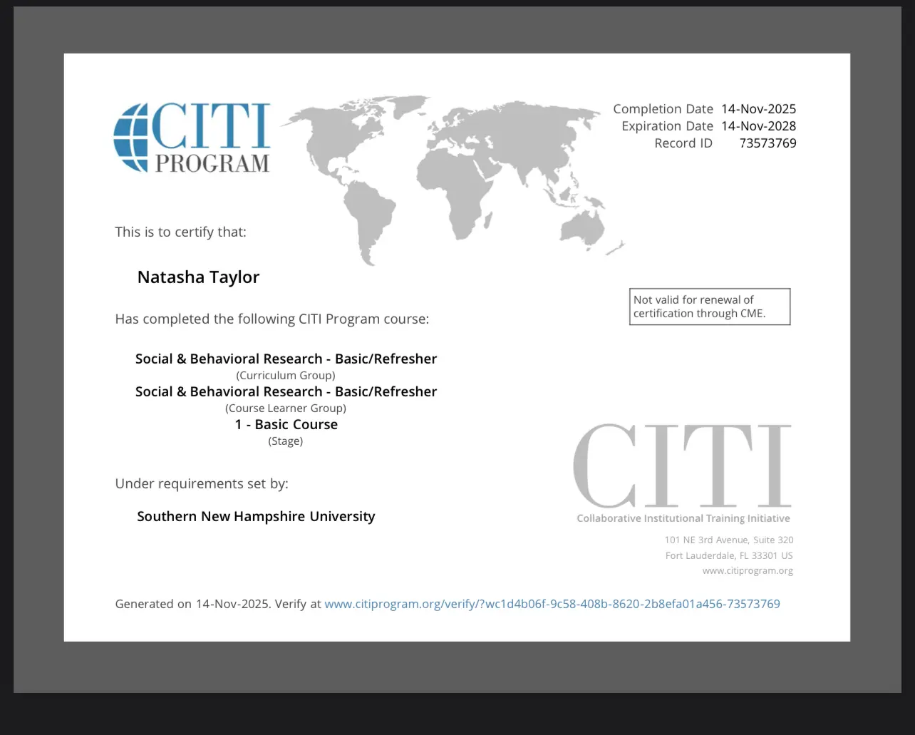 CITI Program certification for Natasha Taylor