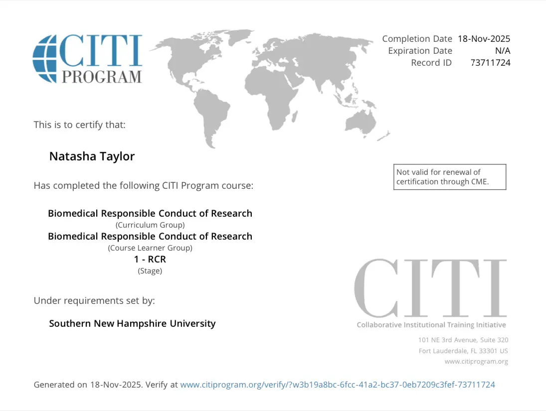 CITI Program certificate with world map